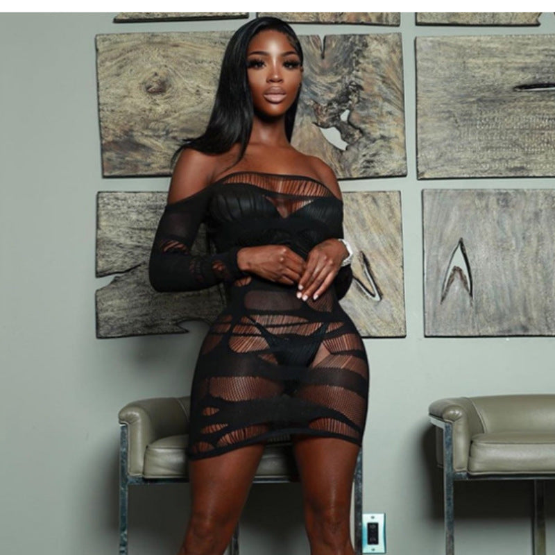 Solid Color Long Sleeve Hollow Out Cutout Mesh Stitching Dress - View 6