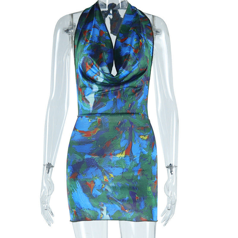 Abstract Print Cowl Neck Halter Sleeveless Bodycon Mini Dress 5