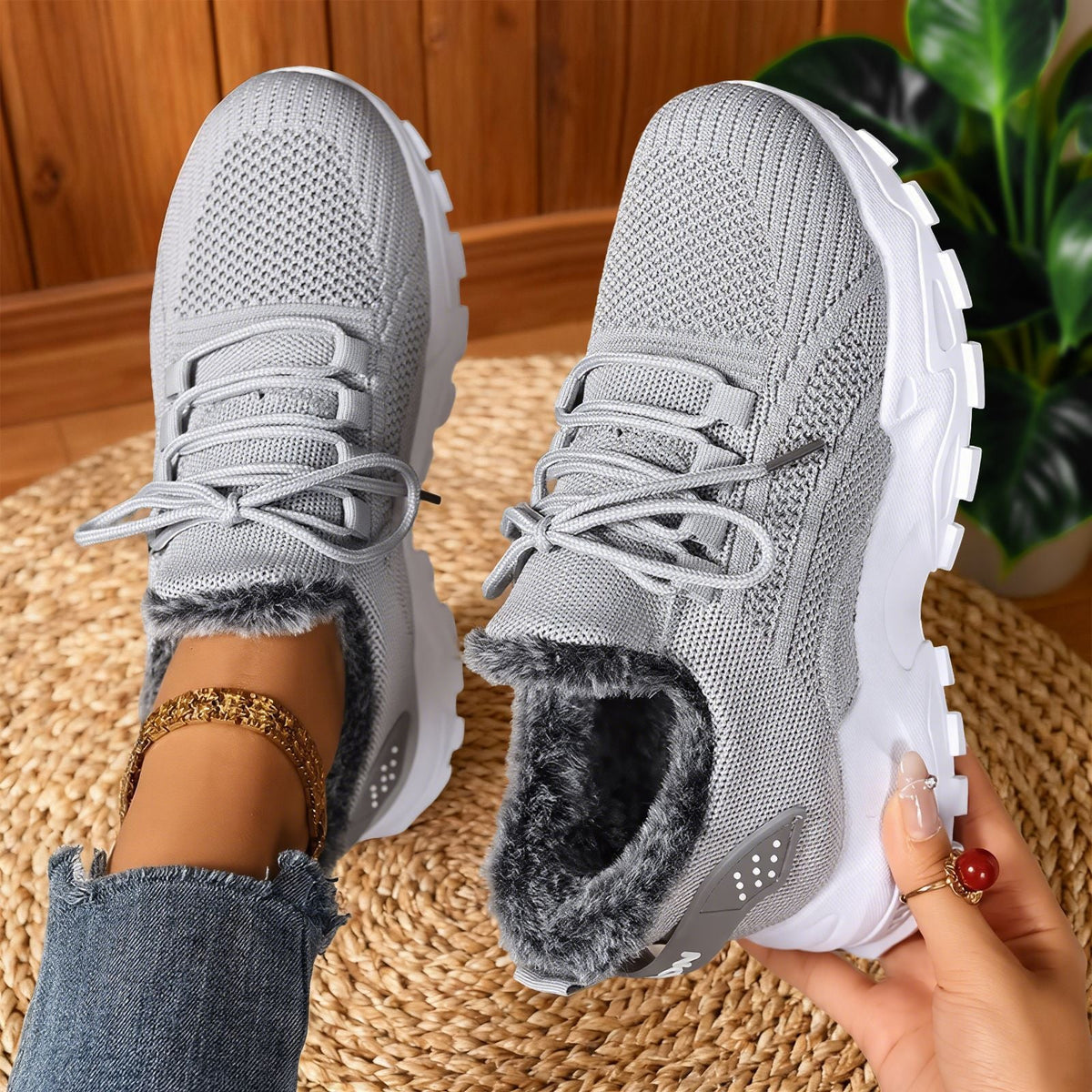 Lace Up Fleece Lined Chunky Lug Sole Sneakers