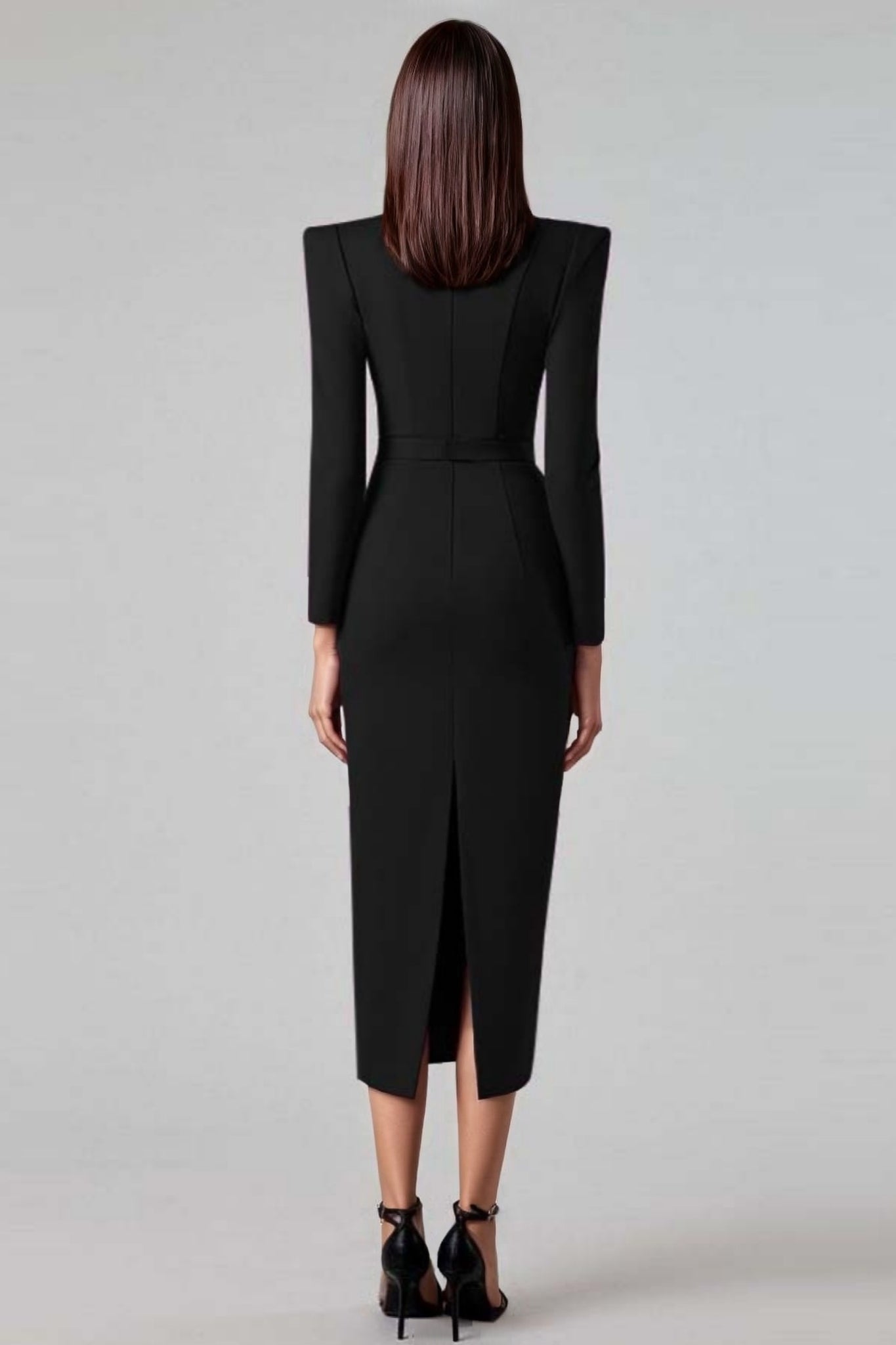 Structured Shoulder Sweetheart Cut Out Long Sleeve Bodycon Bandage Midi Dress