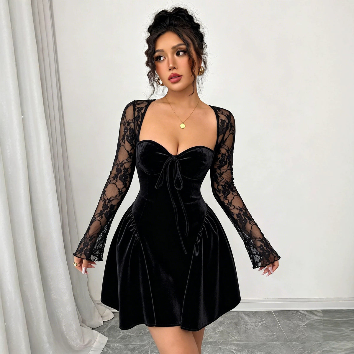 Women Square Collar Velvet Dress Lace Bell Bottom Long Sleeve Back Lace up Waist Controlled Slimming A line Dress