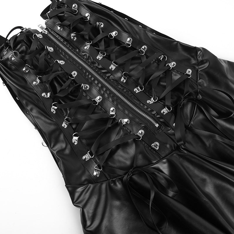 Lace up PU leather sweetheart neck solid zip-up mini dress - View 6