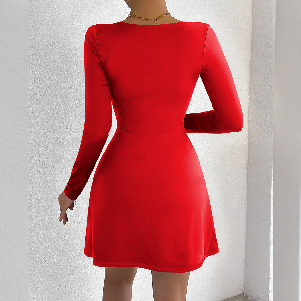 Square Neck Long Sleeve Side Slit A-Line Mini Dress 2