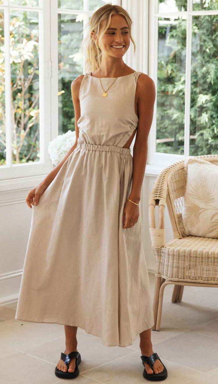 Linen-Look Sleeveless Side Cut Out Open Back Elastic Waist Maxi Dress