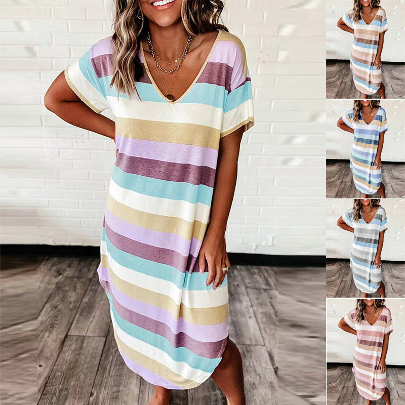 Summer Women Clothing Loose Striped Printed Short Sleeve