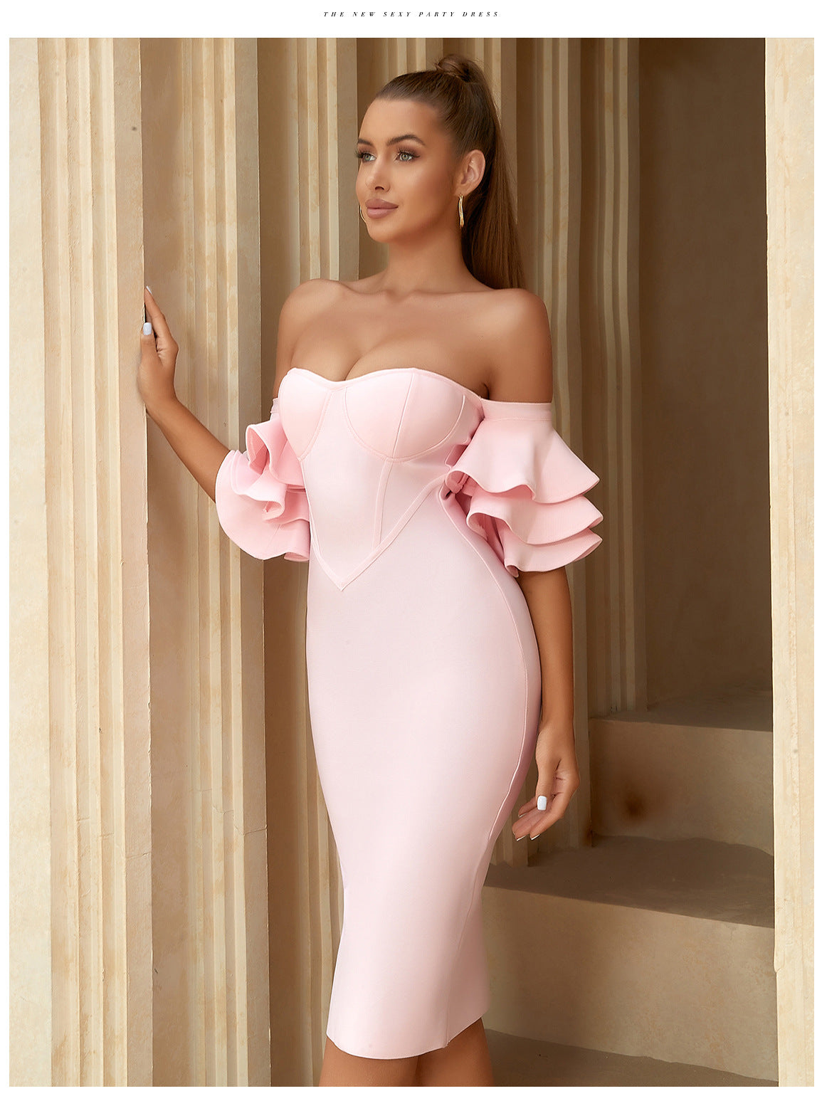 Off Shoulder Sweetheart Ruffle Sleeve Corset Bodycon Midi Dress