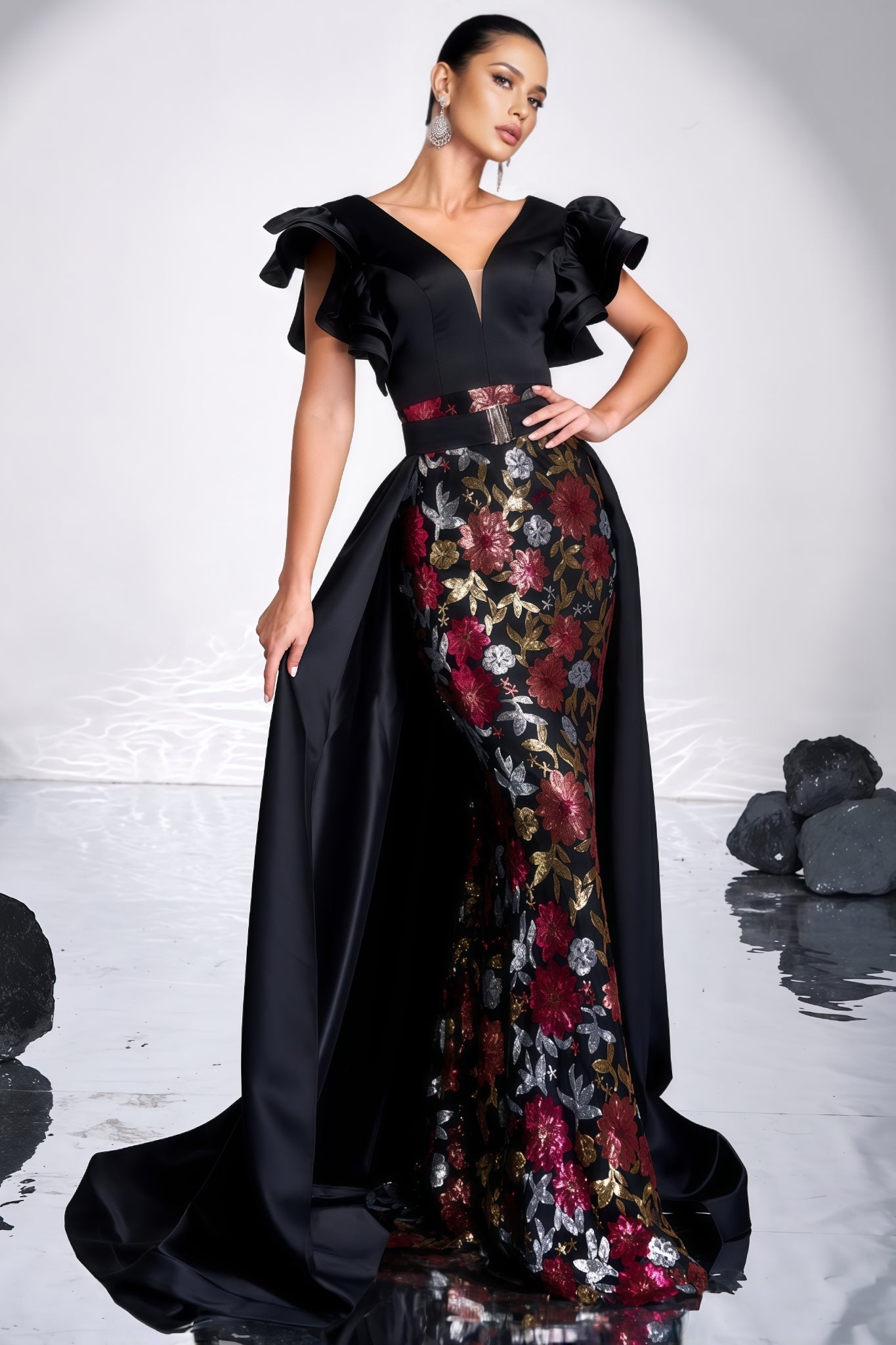 Floral Brocade V-Neck Ruffle Sleeve Mermaid Maxi Gown
