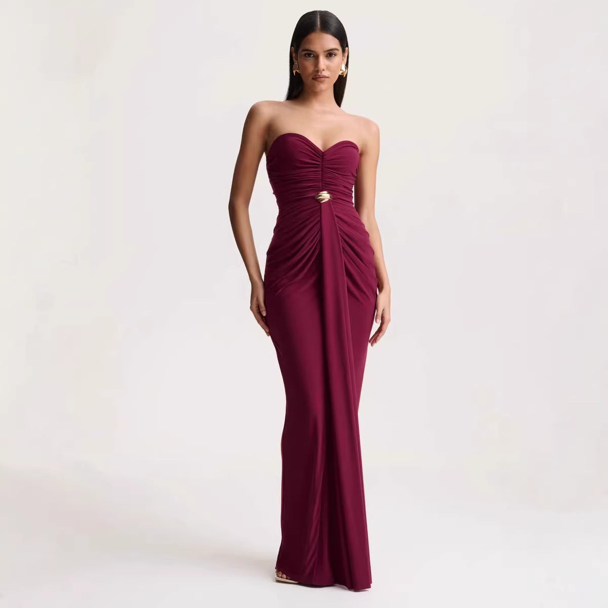 Strapless Sweetheart Ruched Draped Front Maxi Gown with Gold Hardware