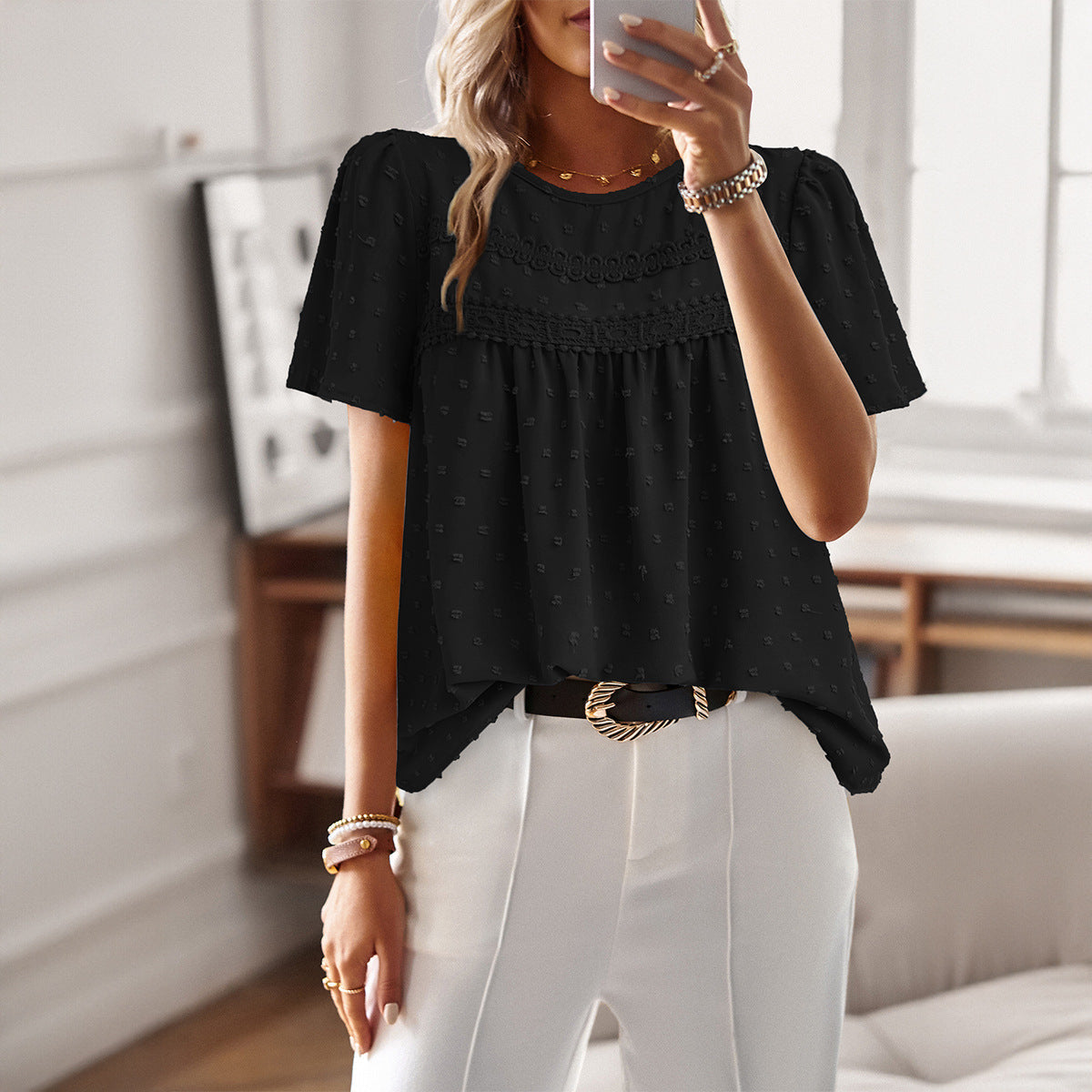Round Neck Short Sleeve Lace Trim Swiss Dot Blouse