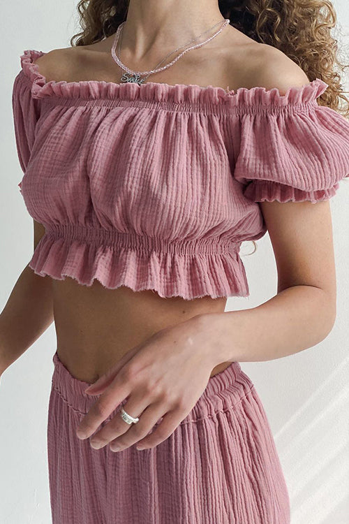 Off Shoulder Ruched Crop Top Pants Sets