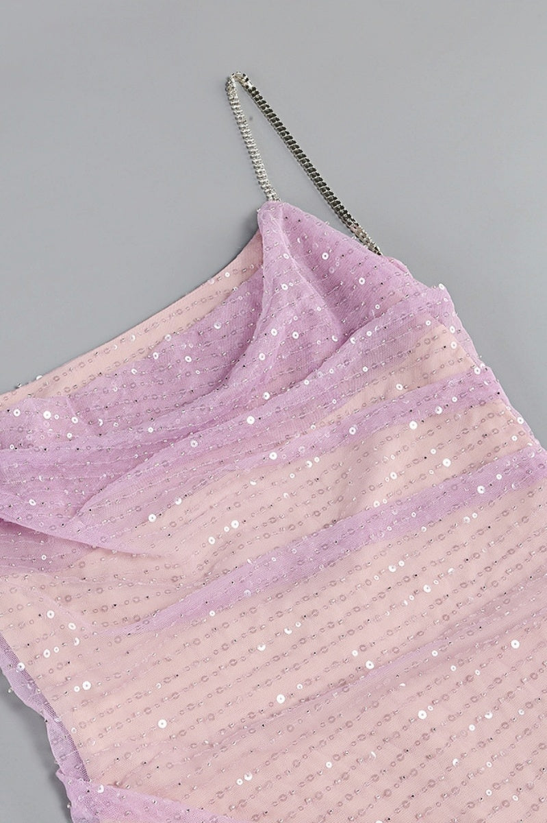 Sequin Cowl Neck Spaghetti Strap Ruched Mermaid Gown