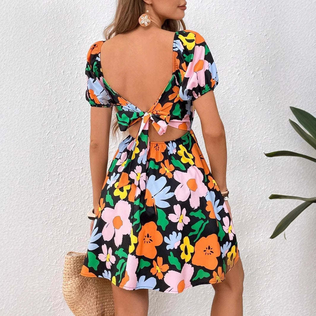Floral Print Square Neck Puff Sleeve Tie Back Open Back Mini Dress