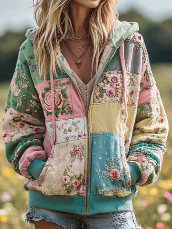 Floral Patchwork Hooded Zip Front Jacket