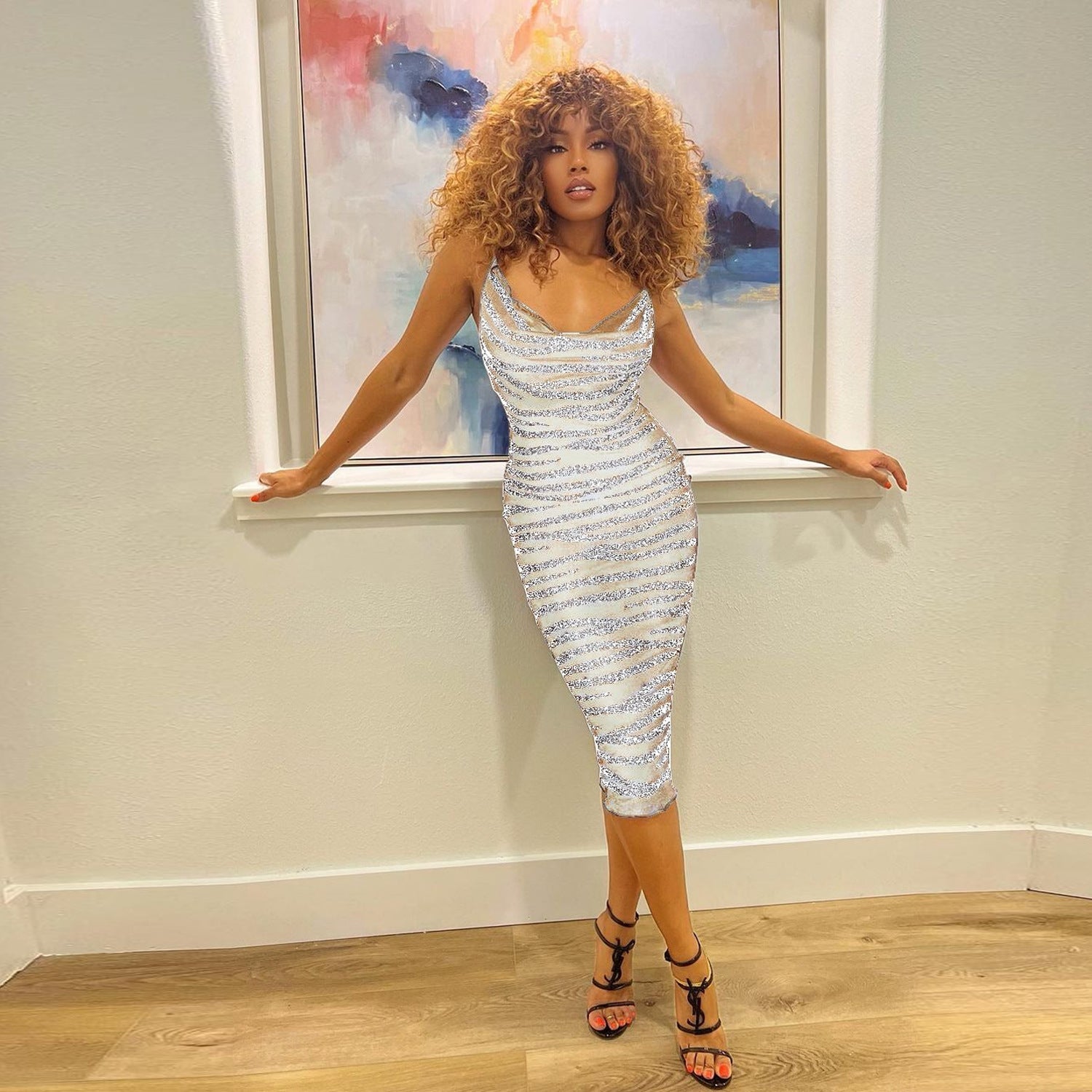 Sequin Velvet Cowl Neck Spaghetti Strap Striped Bodycon Midi Dress