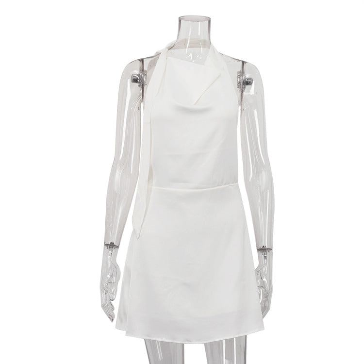 Satin Draping Backless Halter Lace up A line Dress - View 5
