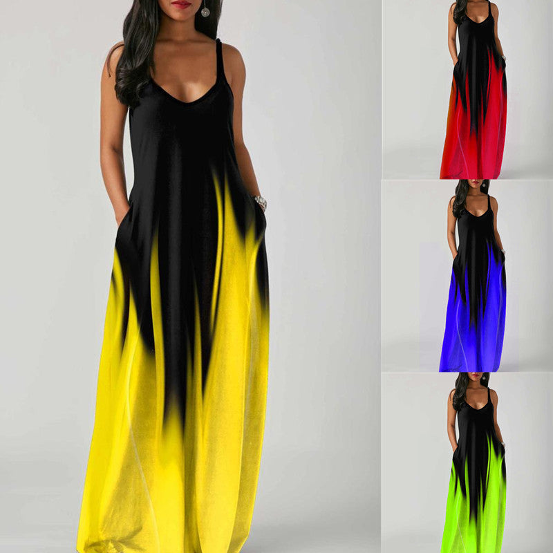 V-Neck Spaghetti Strap Ombre Pocket Loose Maxi Dress