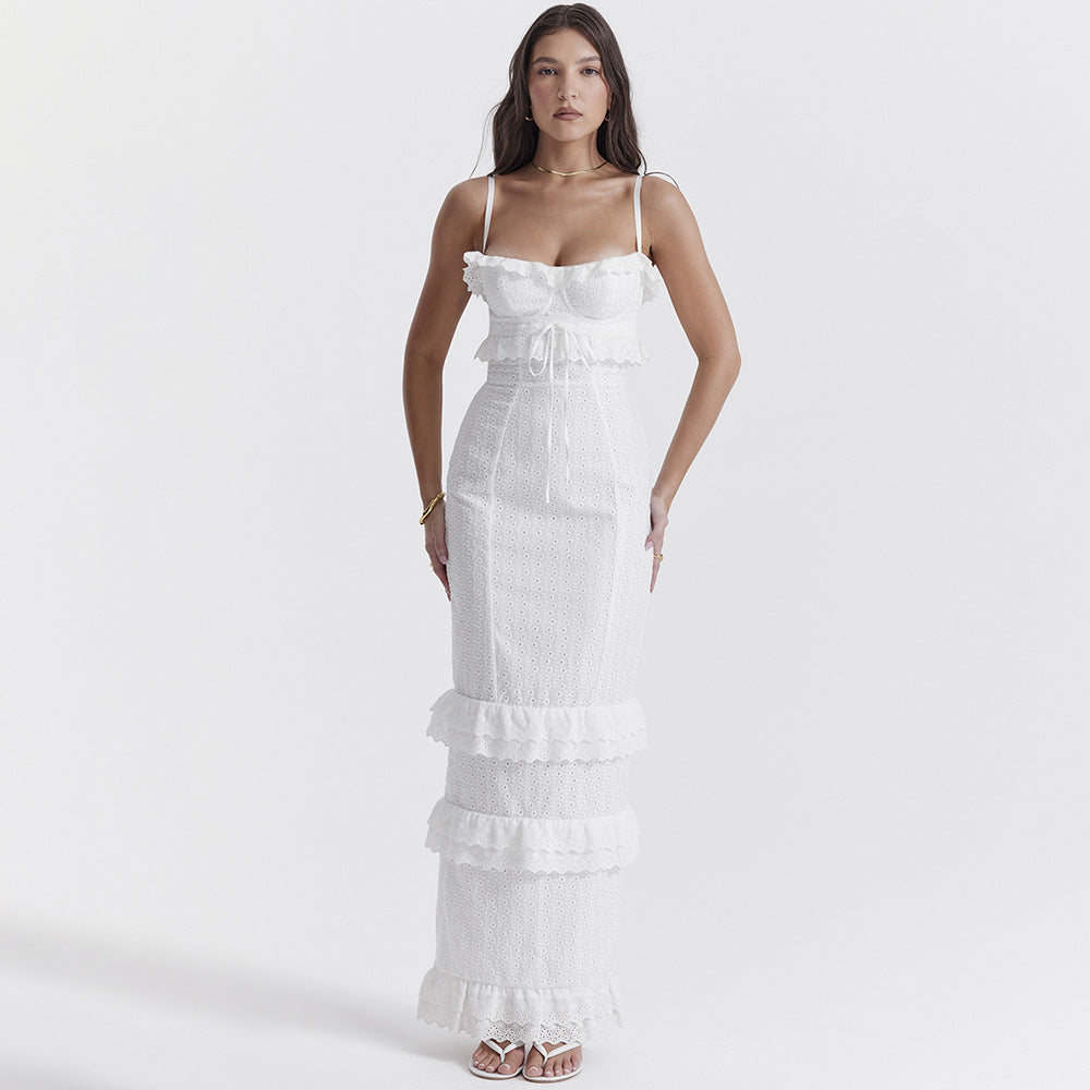 Eyelet Lace Corset Tie Front Tiered Ruffle Spaghetti Strap Maxi Dress