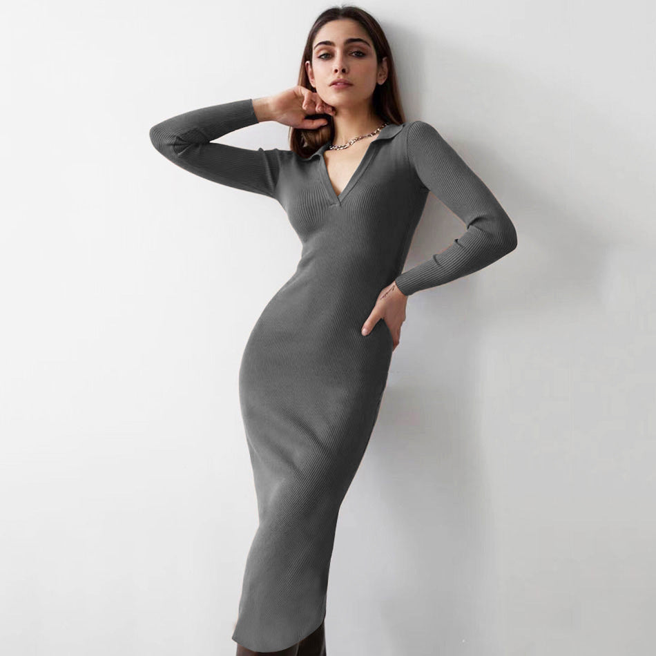 Ribbed Knit Collared V-Neck Long Sleeve Bodycon Midi Sweater Dress