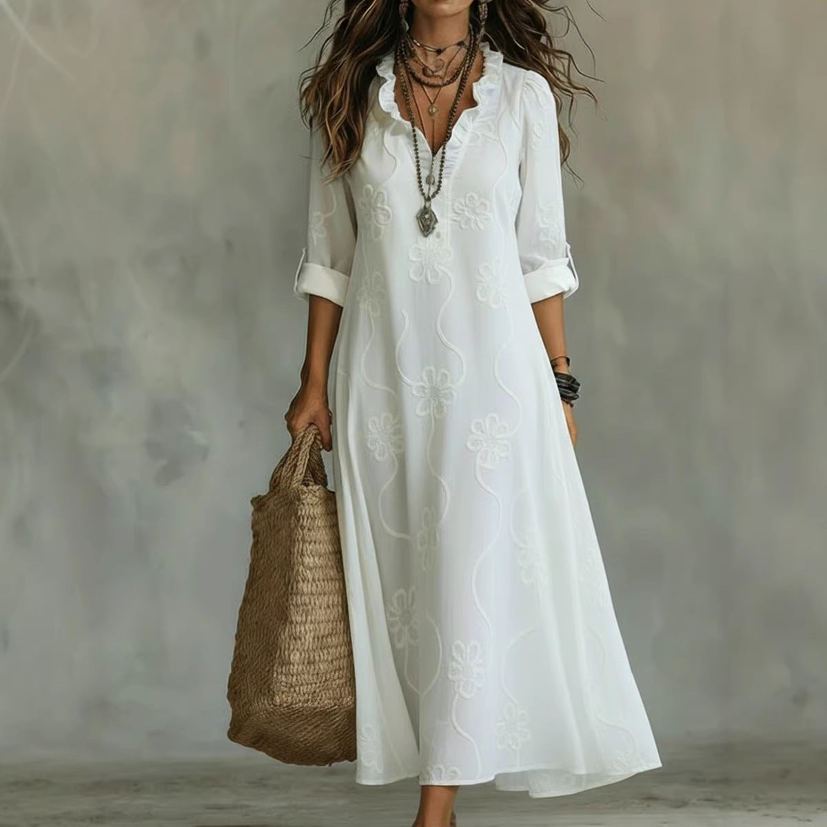 Floral Embroidered Ruffle V-Neck Roll Tab Sleeve A-Line Maxi Dress