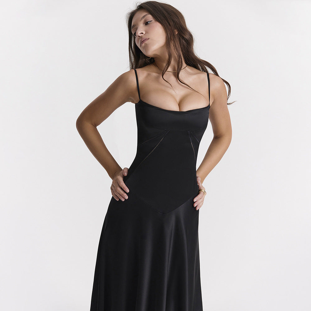 Square Neck Lace Up Back Satin Slip Maxi Dress