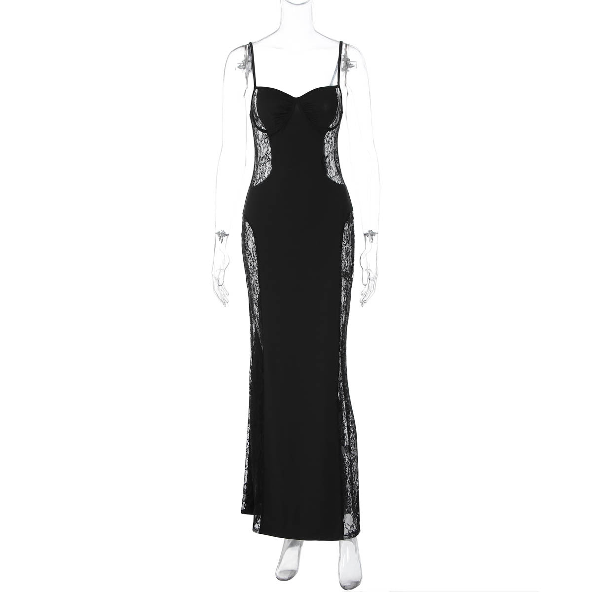 Sheer Lace Panel Sweetheart Neck Spaghetti Strap Bodycon Maxi Dress 2