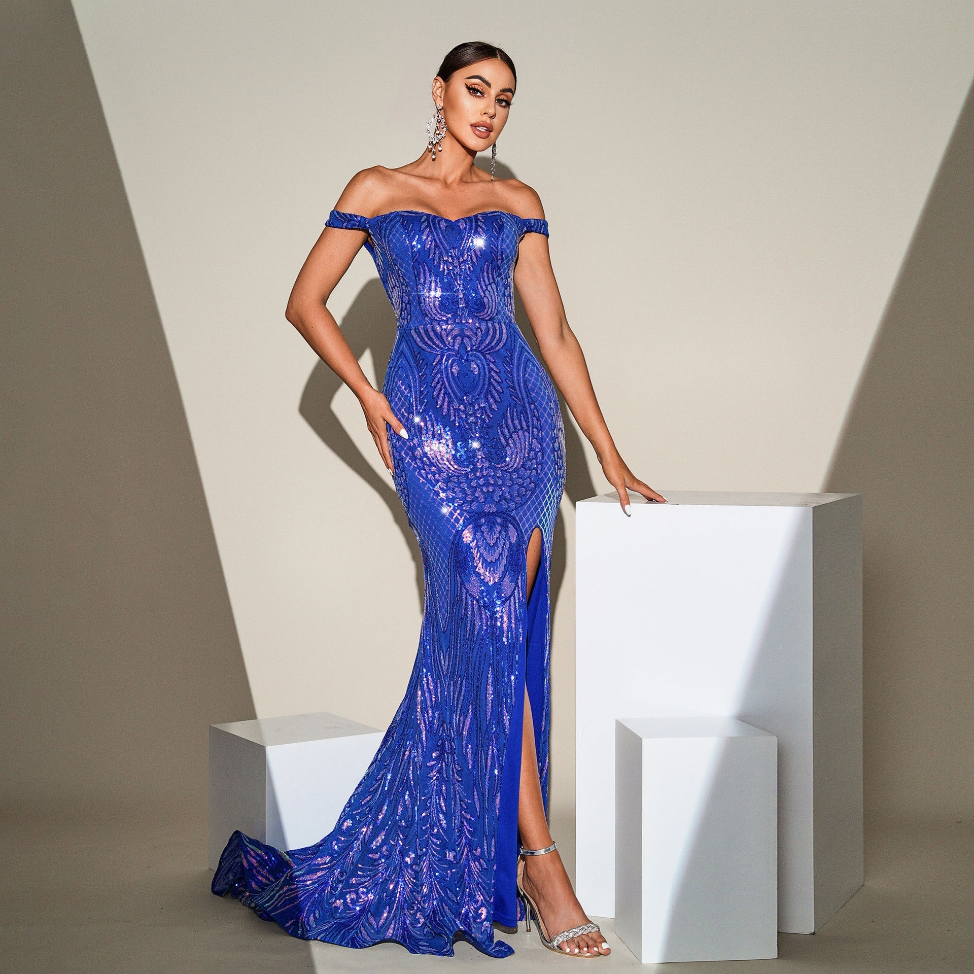 Sequin Off Shoulder Sweetheart High Split Mermaid Gown