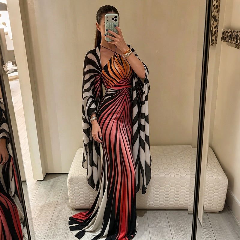 Fall Women Clothing Fashionable Zebra Striped Batwing Sleeve Casual All Match Halter Dress