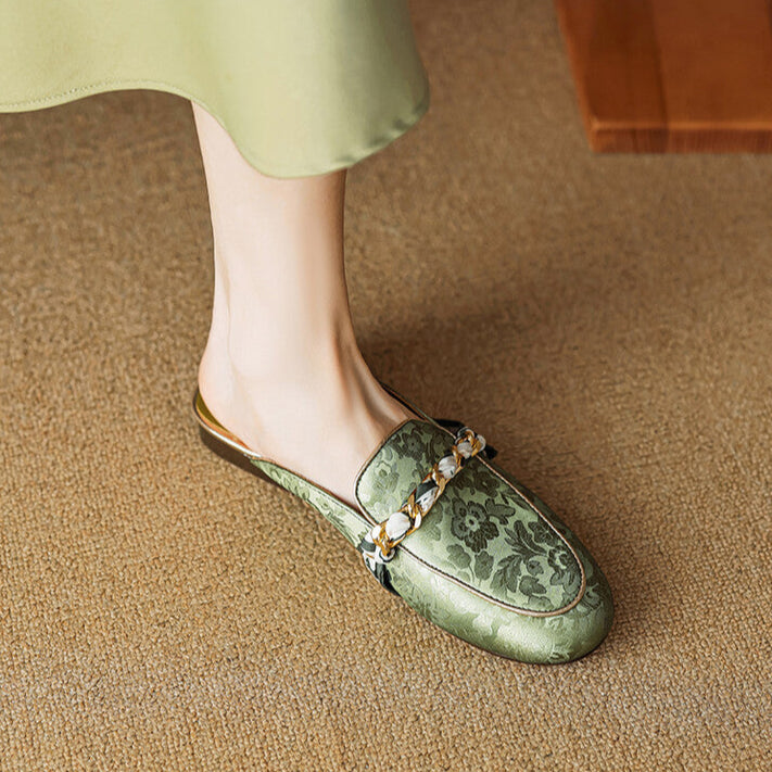 Floral Jacquard Chain Detail Pointed Toe Flat Mules