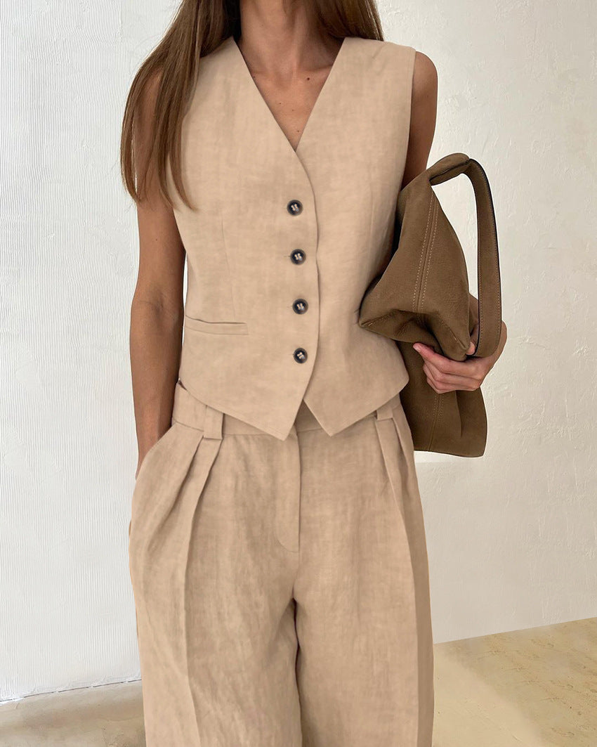 Solid Color Cotton and Linen V-neck Vest Long Pants Set