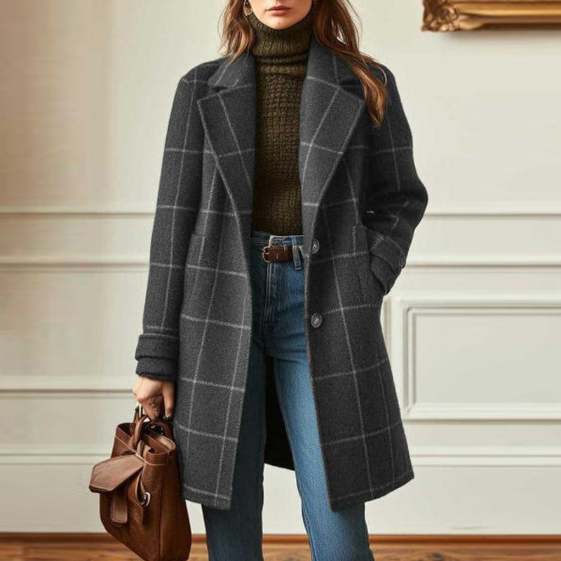 Notch Lapel Windowpane Check Longline Coat