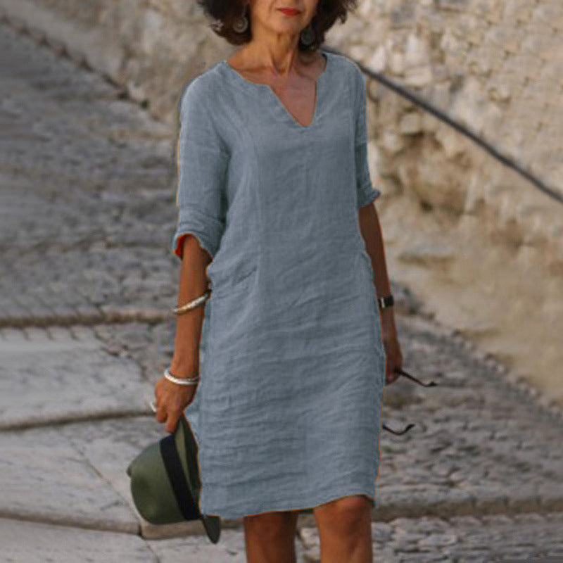 Split Neck Short Sleeve Pocket Shift Midi Dress 9