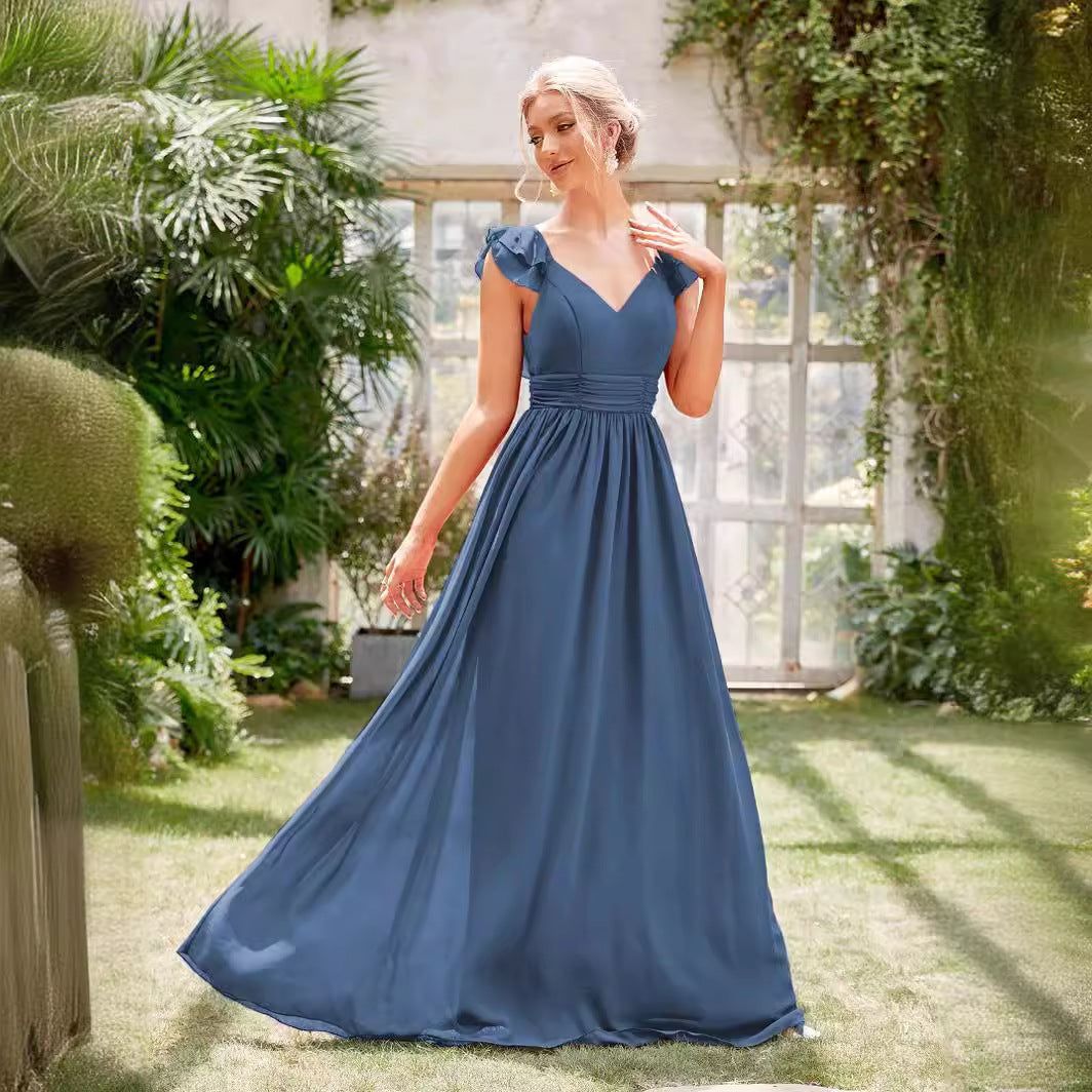 Chiffon V-Neck Ruffle Cap Sleeve Empire Waist A-Line Maxi Bridesmaid Dress