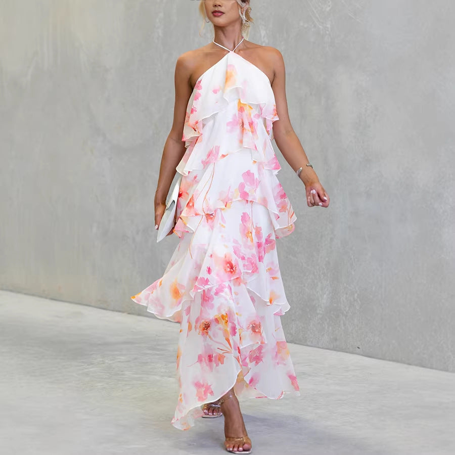 Floral Chiffon Halter Neck Tiered Ruffle Maxi Dress