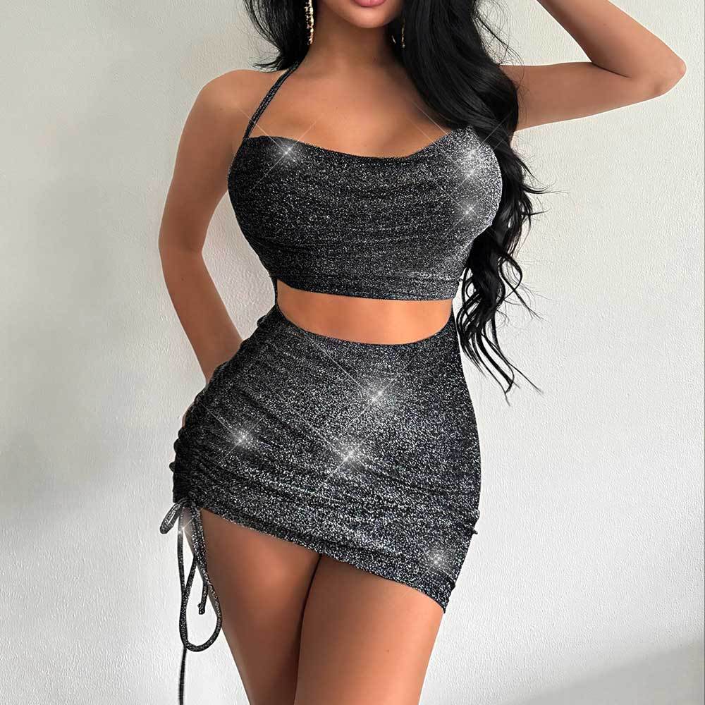 Glitter Cowl Neck Halter Crop Top and Ruched Drawstring Mini Skirt Two Piece Set