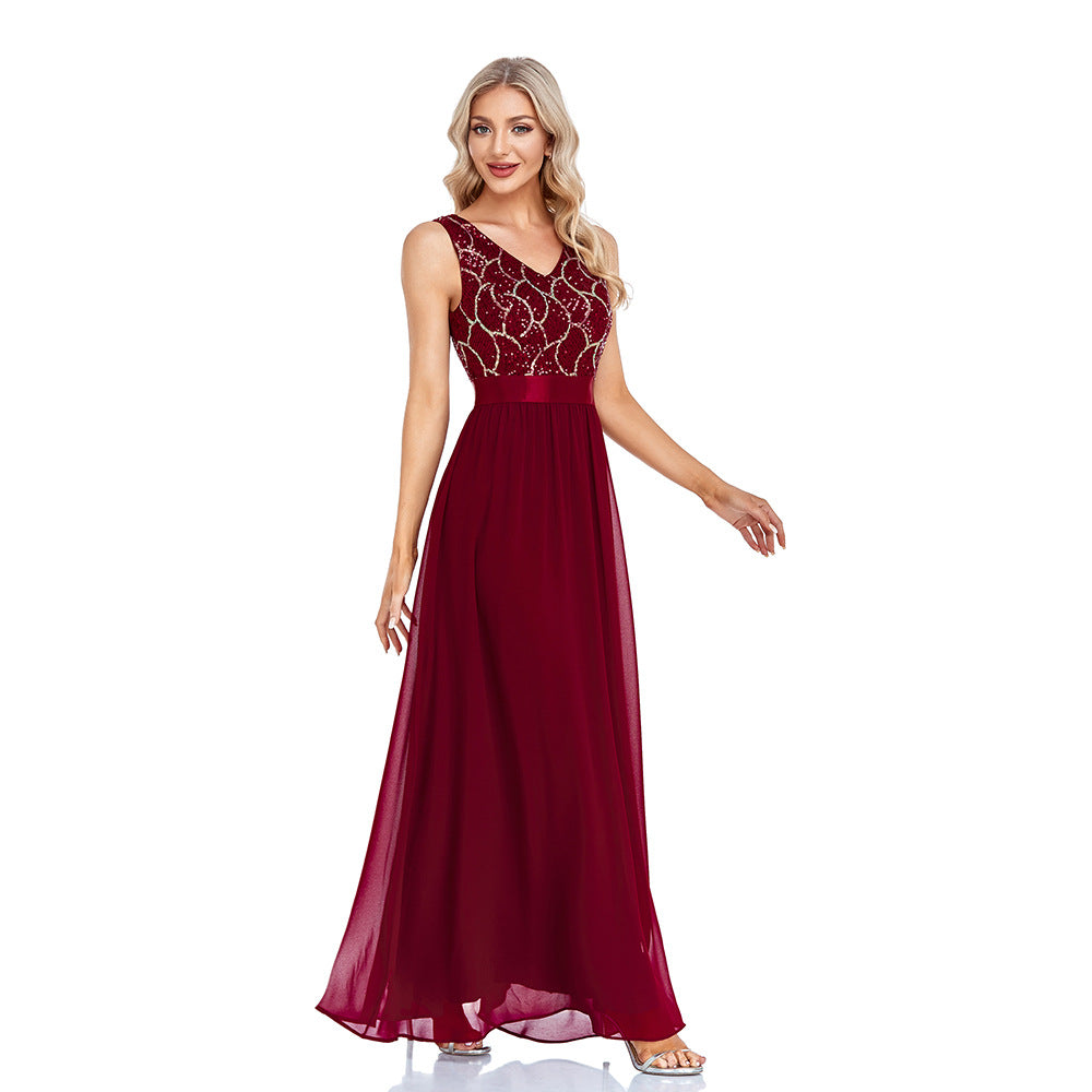 Sequin V-Neck Sleeveless Chiffon A-Line Maxi Gown