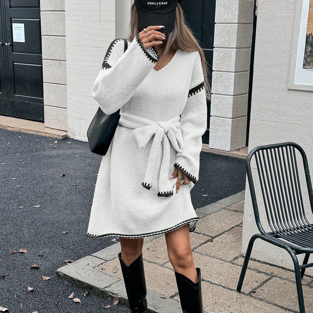 V-Neck Long Sleeve Tie Waist Contrast Stitch Knit Sweater Dress 4