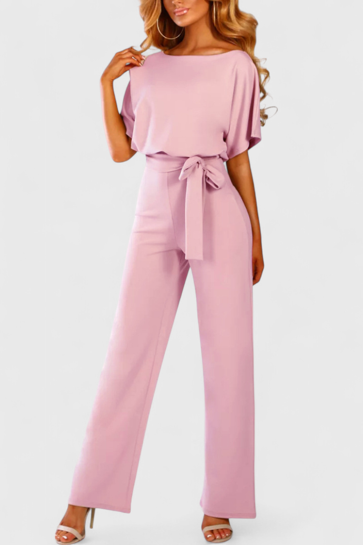 Boat Neck Batwing Sleeve Belted Wide Leg Jumpsuit