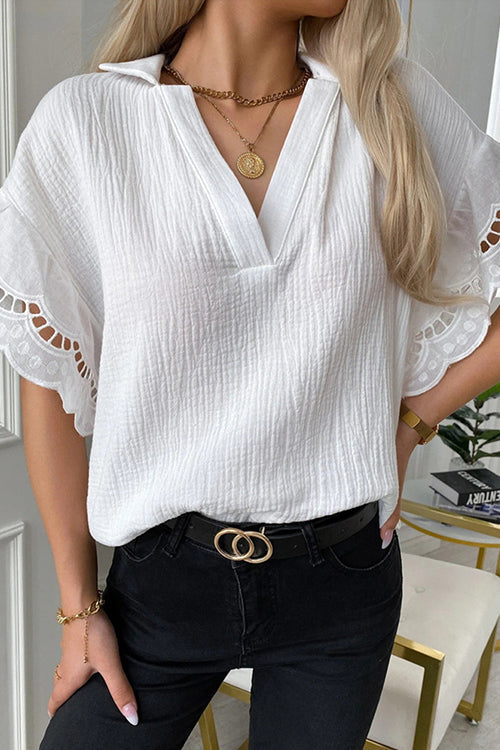 Keyhole Scalloped Edges V Neck Blouse