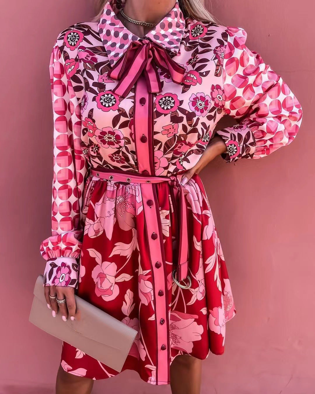 Mixed Print Satin Tie Neck Belted Button Down Long Sleeve Shirt Dress