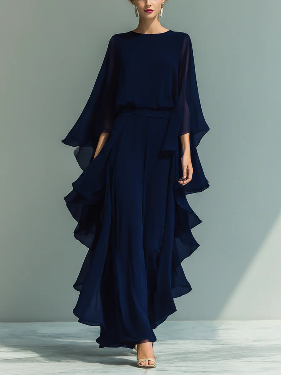 Round Neck Cape Sleeve Ruffle Wide Leg Jumpsuit