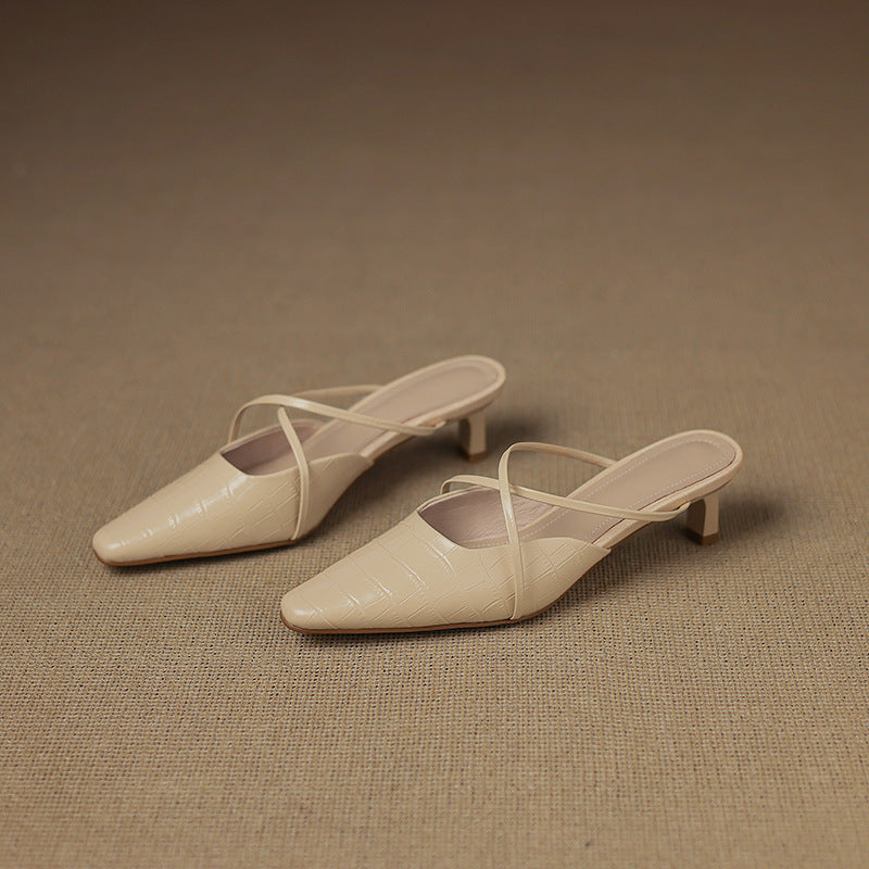 Croc Embossed Pointed Toe Kitten Heel Mules