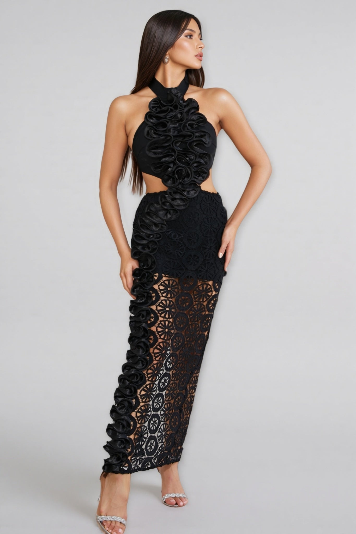 Yanld Black 3D Lace Ruffled Maxi Dress - View 4