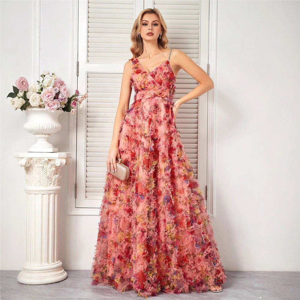 Floral V-Neck Spaghetti Strap Tiered A-Line Maxi Gown