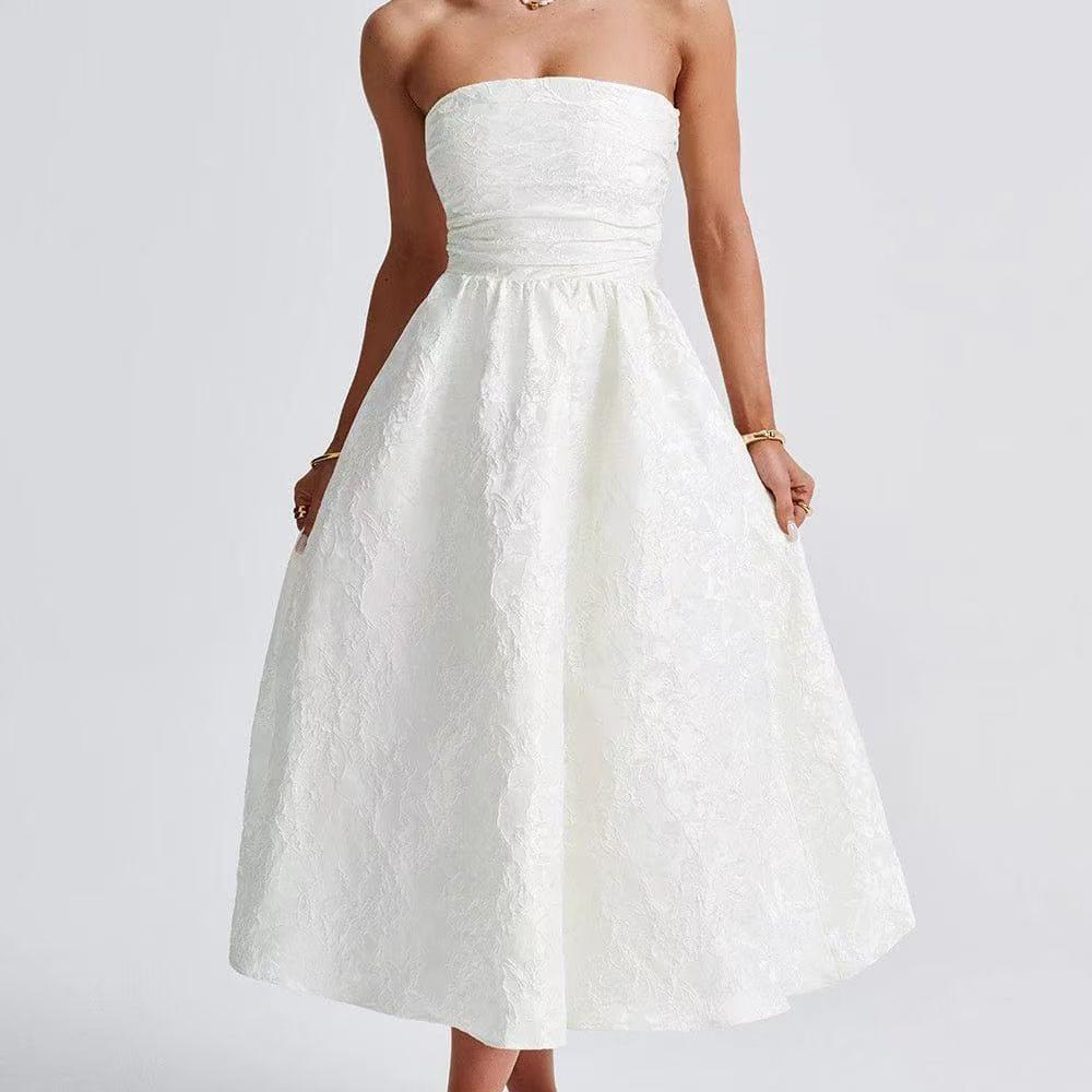 Jacquard Strapless Ruched Waist Fit and Flare Midi Dress