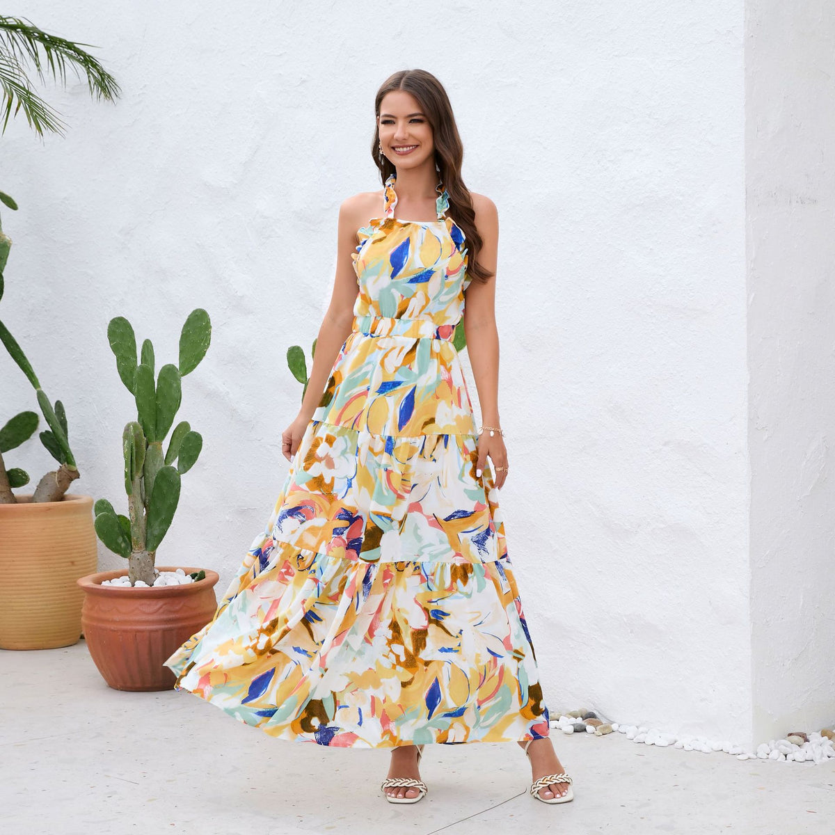 Spring Summer Independent Design Halter Ruffled Sleeveless Backless Fresh Printed Dress