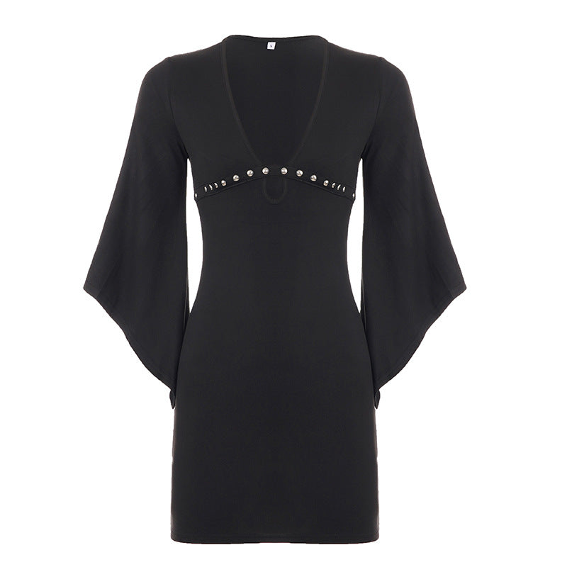 Studded Deep V-Neck Keyhole Bell Sleeve Bodycon Mini Dress 2