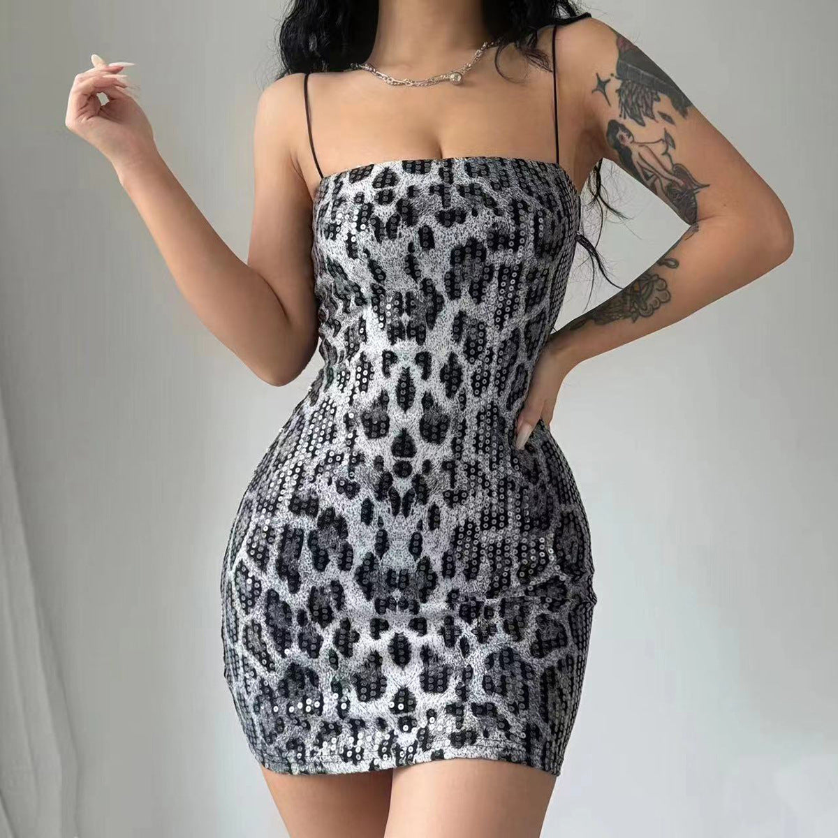 Leopard Sequin Square Neck Bodycon Mini Dress 3