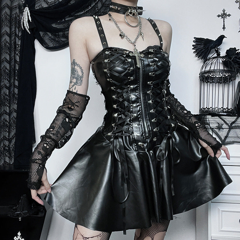 Lace up PU leather sweetheart neck solid zip-up mini dress - View 3