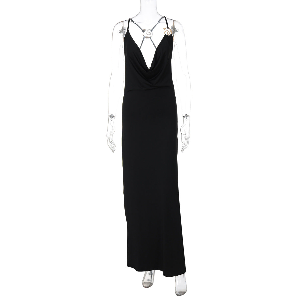 Deep V-Neck Cowl Front Rosette Strap Backless Bodycon Maxi Dress 2