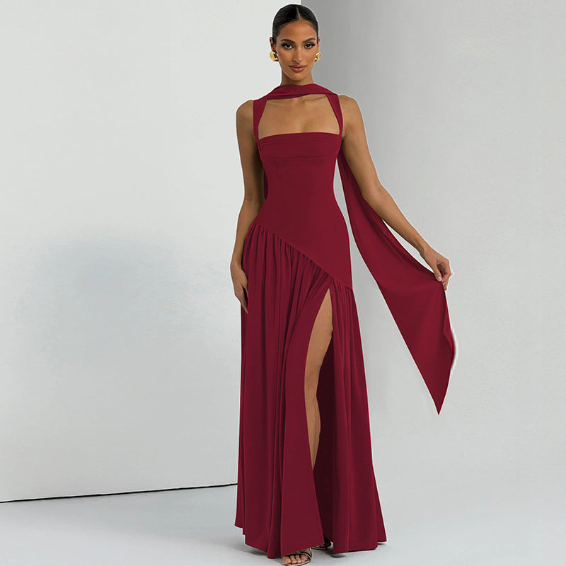 Square Neck Sleeveless Scarf Neck Asymmetric Waist High Split Maxi Dress